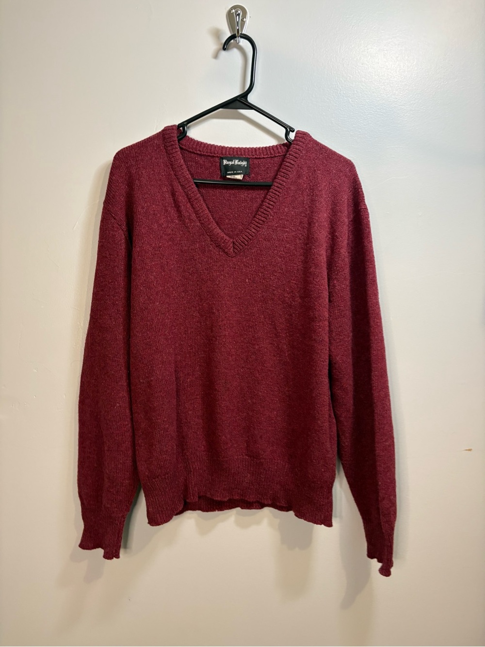 Vintage Royal Knight Men's V-Neck Sweater Burgundy Wool-Blend Medium Made in USA